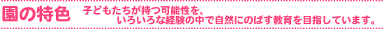 園の特色 子どもたちが持つ可能性を、いろいろな経験の中で自然にのばす教育を目指しています。